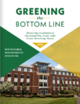The cover of Greening the Bottom Line 2023, which shows that title and a picture of a building on a campus.
